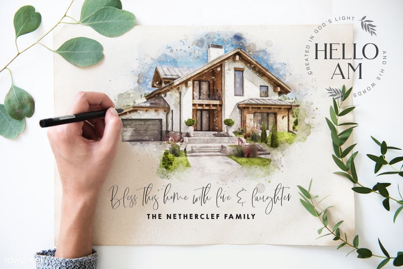May include: A watercolor painting of a house with a white exterior and a brown roof. The house has a large front porch with steps leading up to the front door. The house is surrounded by green trees and bushes. The painting is on a white background with the text "Bless this home with love & laughter" and "The Netherclef Family" written below the house. The text "Hello AM" is written in a circle in the upper right corner of the painting.