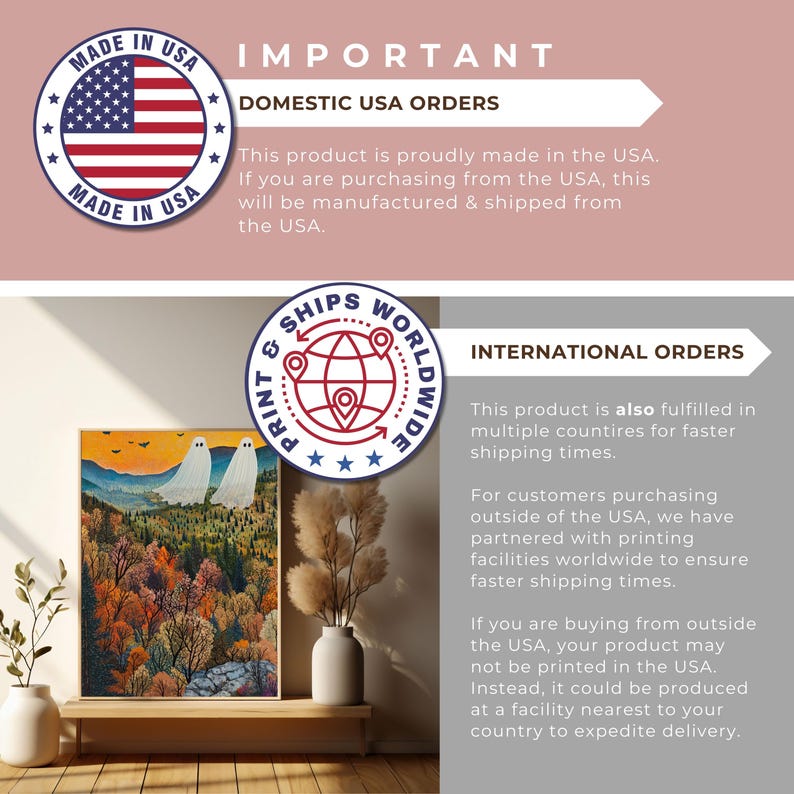 May include: A graphic with the text "Made in USA" in a red, white, and blue star-shaped circle. The text "IMPORTANT" is in large, bold letters. The text "DOMESTIC USA ORDERS" is below. The text "This product is proudly made in the USA. If you are purchasing from the USA, this will be manufactured & shipped from the USA." is below. A graphic with the text "PRINT & SHIPS WORLDWIDE" in a red, white, and blue star-shaped circle. The text "INTERNATIONAL ORDERS" is below. The text "This product is also fulfilled in multiple countries for faster shipping times. For customers purchasing outside of the USA, we have partnered with printing facilities worldwide to ensure faster shipping times. If you are buying from outside the USA, your product may not be printed in the USA. Instead, it could be produced at a facility nearest to your country to expedite delivery." is below.