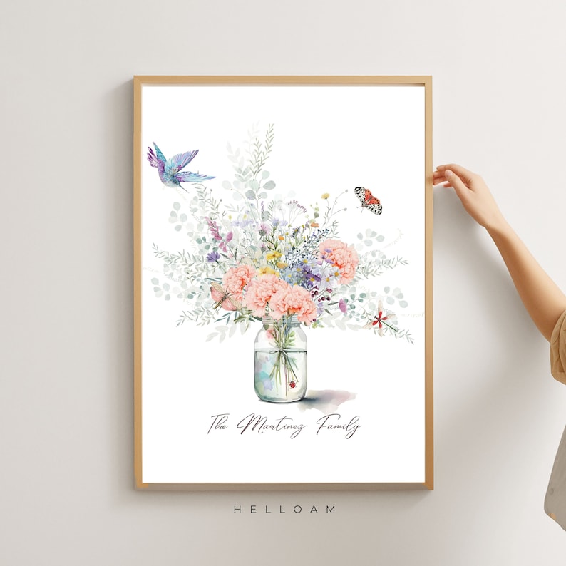Birth Flower Family Bouquet, Personalised Watercolour Birth Flower Print, Wall Art, Birthday Gift, Minimalist Home Decor, Personalised gift image 3