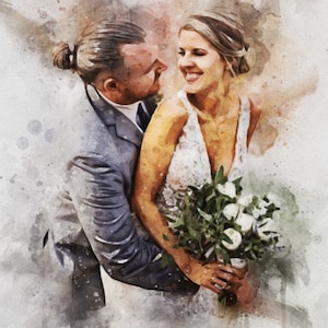 May include: A watercolor painting of a couple in wedding attire. The groom is wearing a gray suit and the bride is wearing a white dress. They are holding a bouquet of white flowers and looking at each other.