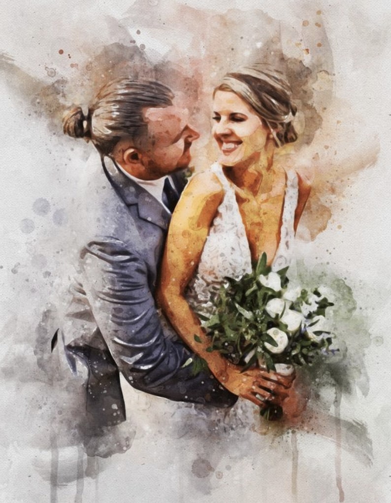 May include: A watercolor painting of a couple in wedding attire. The groom is wearing a gray suit and the bride is wearing a white dress. They are holding a bouquet of white flowers and looking at each other.