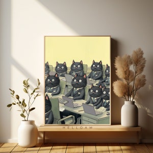 Impresión de gato, regalo para ella, decoración del hogar, póster de inauguración de la casa, arte de pared, gato negro, decoración de pared de cocina, ilustración peculiar retro vintage de gato lindo