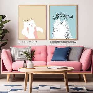 May include: Two framed illustrations of white dogs with text. The first illustration is on a light yellow background with the text "BEST THERAPIST". The second illustration is on a light blue background with the text "Ruffled and Not a Care in the World".