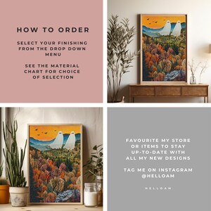 May include: A framed illustration of two white ghosts in a forest setting with fall foliage. The text "HOW TO ORDER" is in the top left corner of the image. The text "SELECT YOUR FINISHING FROM THE DROP DOWN MENU" is below the "HOW TO ORDER" text. The text "SEE THE MATERIAL CHART FOR CHOICE OF SELECTION" is below the "SELECT YOUR FINISHING FROM THE DROP DOWN MENU" text. The text "FAVOURITE MY STORE OR ITEMS TO STAY UP-TO-DATE WITH ALL MY NEW DESIGNS" is in the bottom right corner of the image. The text "TAG ME ON INSTAGRAM @HELLOAM" is below the "FAVOURITE MY STORE OR ITEMS TO STAY UP-TO-DATE WITH ALL MY NEW DESIGNS" text. The text "HELLOAM" is below the "TAG ME ON INSTAGRAM @HELLOAM" text.