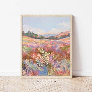 May include: A painting of a field of wildflowers in shades of pink, purple, blue, and green. The field is in the foreground, with a distant landscape of hills and trees in the background. The sky is a light blue with a few clouds.