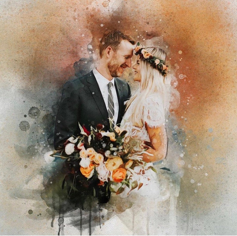 May include: A watercolor painting of a couple in wedding attire. The groom is wearing a dark suit and the bride is wearing a white dress with a floral crown. They are holding a bouquet of flowers.