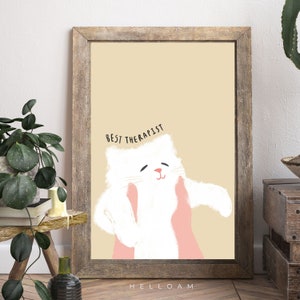May include: A beige background with a white cat with pink hands holding its cheeks. The text "BEST THERAPIST" is above the cat. The text "HELLOAM" is at the bottom of the image.