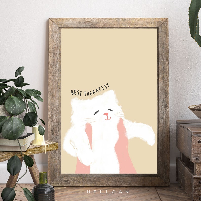 May include: A beige background with a white cat with pink hands holding its cheeks. The text "BEST THERAPIST" is above the cat. The text "HELLOAM" is at the bottom of the image.