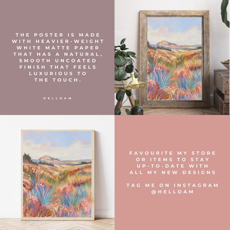 Peut inclure: Une peinture abstraite color&eacute;e d'un paysage avec une colline, de l'herbe et du ciel. La peinture est encadr&eacute;e dans un cadre en bois et est accroch&eacute;e &agrave; un mur. Le texte "FAVOURITE MY STORE OR ITEMS TO STAY UP-TO-DATE WITH ALL MY NEW DESIGNS TAG ME ON INSTAGRAM @HELLOAM" est &eacute;crit sous la peinture.