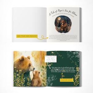 May include: A personalized children's book with a green and brown cover featuring a watercolor illustration of two bears. The text on the cover reads "A Tale of Papa's love for Oliver" and "Personalized the way your child calls you".