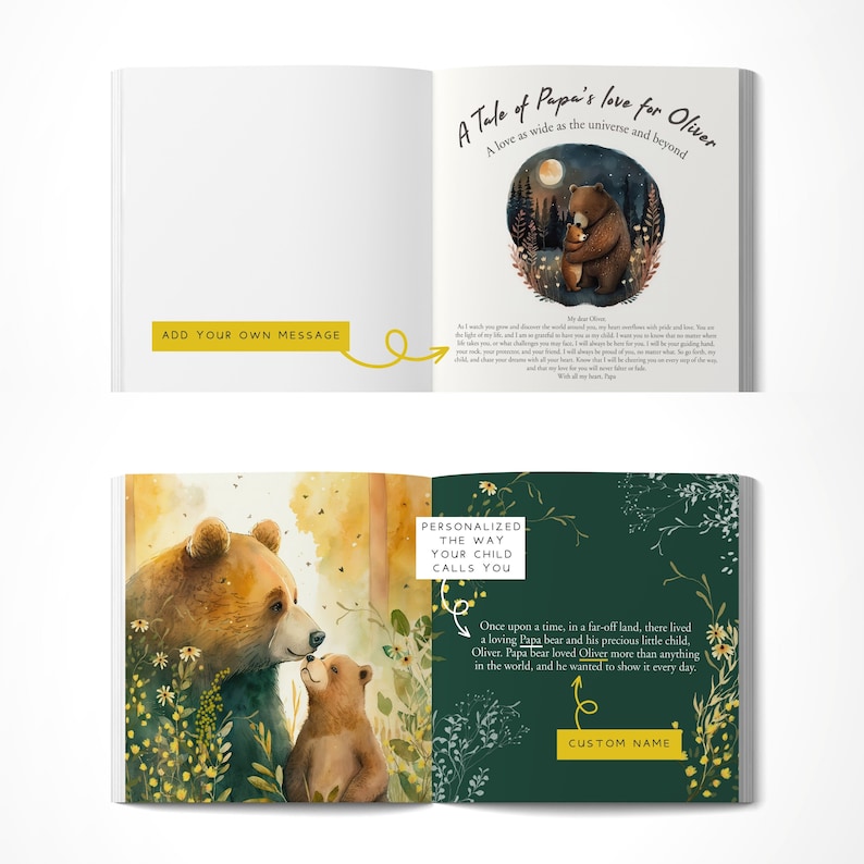 May include: A personalized children's book with a green and brown cover featuring a watercolor illustration of two bears. The text on the cover reads "A Tale of Papa's love for Oliver" and "Personalized the way your child calls you".