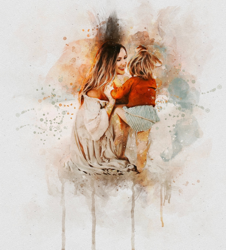 May include: A watercolor painting of a mother and daughter. The mother is wearing a white dress and the daughter is wearing a red shirt and a blue and white striped skirt. They are both smiling and looking at each other.