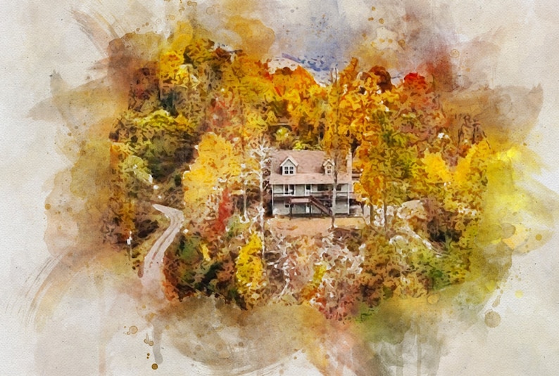 May include: A watercolor painting of a house in the woods with fall foliage. The house is white with a brown roof and has a porch. The trees are a mix of yellow, orange, and red.