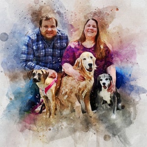 May include: A watercolor painting of a couple with two dogs. The couple is standing in front of a colorful background. The man is wearing a blue plaid shirt and the woman is wearing a purple shirt. The dogs are a golden retriever and a black and white dog.