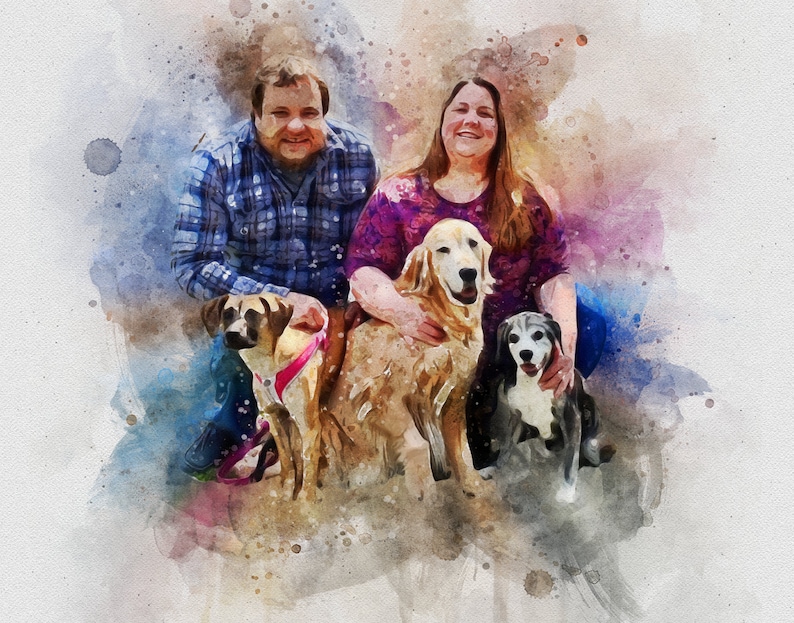 May include: A watercolor painting of a couple with two dogs. The couple is standing in front of a colorful background. The man is wearing a blue plaid shirt and the woman is wearing a purple shirt. The dogs are a golden retriever and a black and white dog.