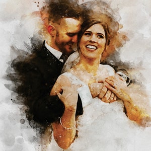 May include: A watercolor painting of a couple on their wedding day. The bride is wearing a white dress and the groom is wearing a black suit. They are smiling and looking at each other.