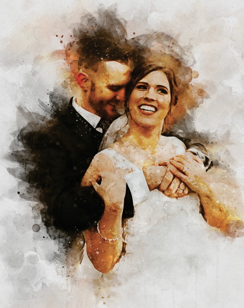 May include: A watercolor painting of a couple on their wedding day. The bride is wearing a white dress and the groom is wearing a black suit. They are smiling and looking at each other.