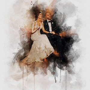 May include: A watercolor painting of a couple in formal attire, the woman in a white gown and the man in a black suit, smiling and looking at each other.