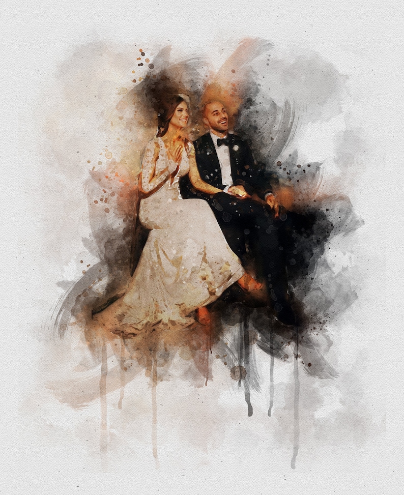 May include: A watercolor painting of a couple in formal attire, the woman in a white gown and the man in a black suit, smiling and looking at each other.