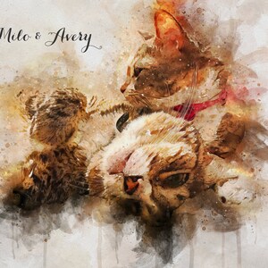 May include: A watercolor painting of two tabby cats, one lying on its back with its paws in the air and the other lying on top of it. The painting is titled "Milo & Avery".