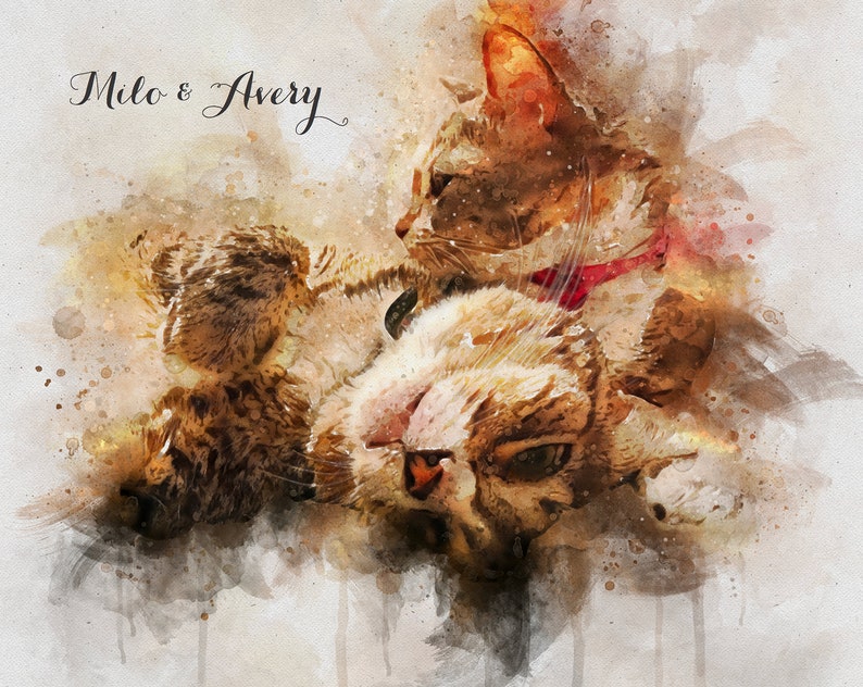 May include: A watercolor painting of two tabby cats, one lying on its back with its paws in the air and the other lying on top of it. The painting is titled "Milo & Avery".