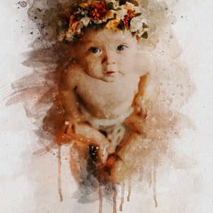May include: A watercolor painting of a baby wearing a flower crown. The baby is sitting with their hands clasped in front of them. The background is a soft brown and white watercolor wash.