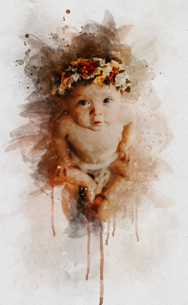 May include: A watercolor painting of a baby wearing a flower crown. The baby is sitting with their hands clasped in front of them. The background is a soft brown and white watercolor wash.