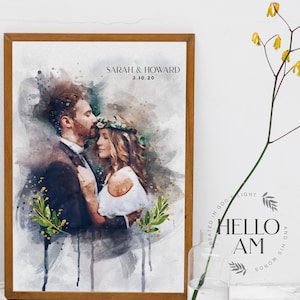 May include: A watercolor painting of a couple in a wedding portrait. The couple is embracing, with the groom kissing the bride's forehead. The painting is framed in a wooden frame. The text "SARAH & HOWARD 3.10.20" is at the top of the painting.