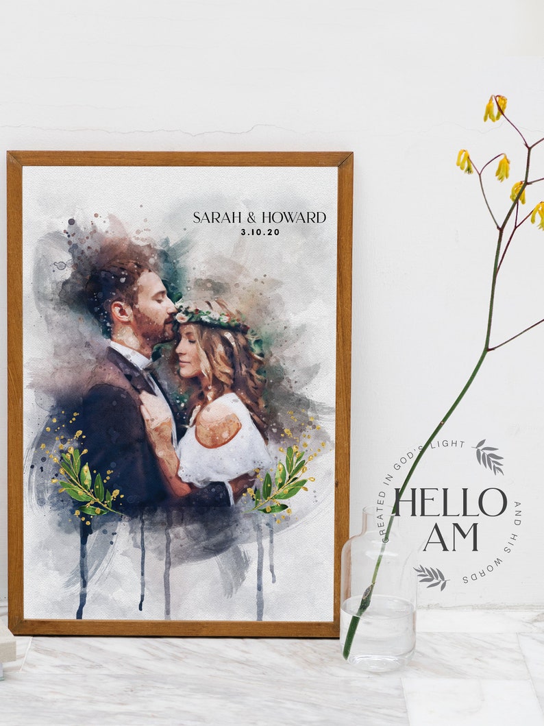 May include: A watercolor painting of a couple in a wedding portrait. The couple is embracing, with the groom kissing the bride's forehead. The painting is framed in a wooden frame. The text "SARAH & HOWARD 3.10.20" is at the top of the painting.