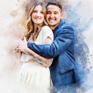 May include: A watercolor painting of a couple embracing. The woman is wearing a white dress and the man is wearing a blue suit jacket. The couple is surrounded by a watercolor background with splashes of blue and pink.