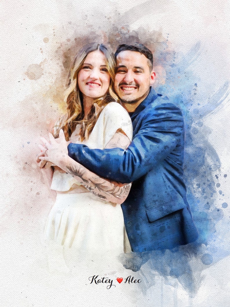 May include: A watercolor painting of a couple embracing. The woman is wearing a white dress and the man is wearing a blue suit jacket. The couple is surrounded by a watercolor background with splashes of blue and pink.