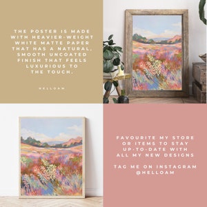 May include: A digital art print of a colorful landscape with a field of flowers and hills in the background. The print is framed in a wooden frame and is displayed on a white wall. The text "FAVOURITE MY STORE OR ITEMS TO STAY UP-TO-DATE WITH ALL MY NEW DESIGNS TAG ME ON INSTAGRAM @HELLOAM" is displayed on a pink background.
