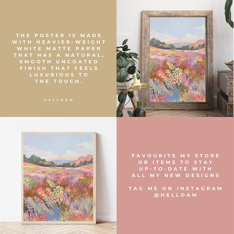 May include: A digital art print of a colorful landscape with a field of flowers and hills in the background. The print is framed in a wooden frame and is displayed on a white wall. The text "FAVOURITE MY STORE OR ITEMS TO STAY UP-TO-DATE WITH ALL MY NEW DESIGNS TAG ME ON INSTAGRAM @HELLOAM" is displayed on a pink background.