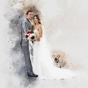 May include: A watercolor painting of a bride and groom standing together with a dog. The bride is wearing a white wedding dress and the groom is wearing a gray suit. The dog is a light brown labrador retriever.