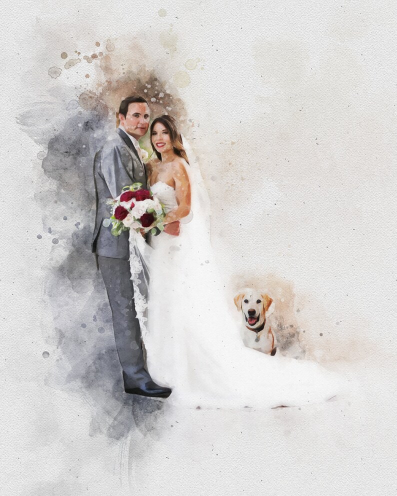 May include: A watercolor painting of a bride and groom standing together with a dog. The bride is wearing a white wedding dress and the groom is wearing a gray suit. The dog is a light brown labrador retriever.