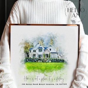 May include: A watercolor painting of a house with a green lawn and a stone wall. The text "Home is not a place, it's a feeling" and the address "144 Helen Road Mount Avenue, CA 467789" are printed below the image.