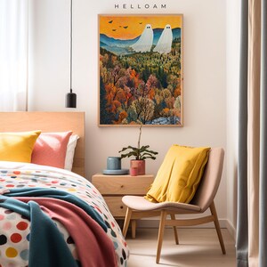 May include: A framed illustration of two white ghosts floating above a colorful autumn forest scene. The text "HELLOAM" is printed at the top of the frame.