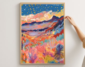 May include: A colorful abstract painting of a landscape with a blue sky, pink clouds, and a mountain range in the distance. The foreground features a variety of colorful plants and flowers.