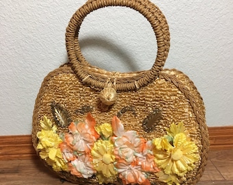 Bolsa vintage floral de ráfia dos anos 50, bolsa retrô de verão.