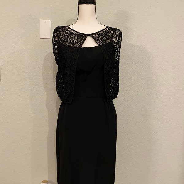 Vintage Little black dress, cocktail dress, lace bolero, Holiday dress, size 13, spaghetti strap dress