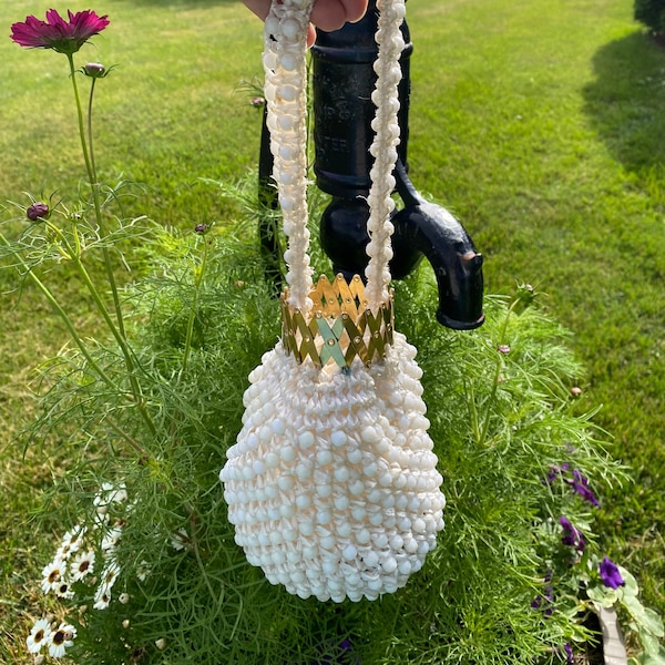 Vintage Reticule beaded purse, Le Jule reticule bag, white plastic bead bag, unique reticule purse