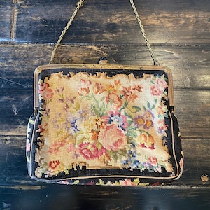Vintage Needle Point Purse, floral handbag, tapestry bag, Antique floral embroidered purse