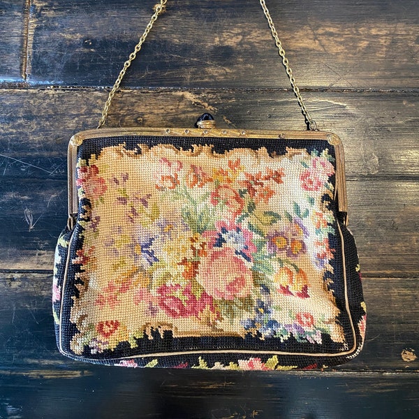 Monedero vintage de punta de aguja, bolso floral, bolso tapiz, bolso bordado floral antiguo