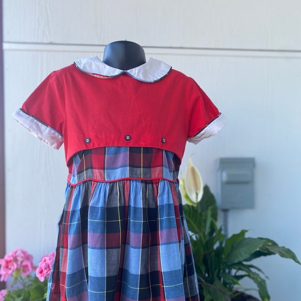 Vintage Girls 50s Dress, Young girls school dress, plaid with piping dress, 50s kids dress red and blue plaid dress