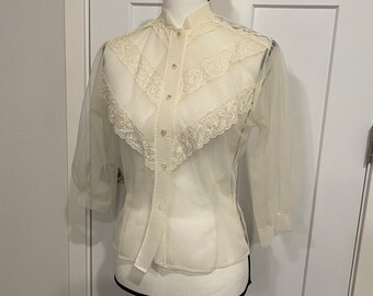 Vintage Chiffone blouse, 50s nylon top, Off White nylon shirt, pinup girls top