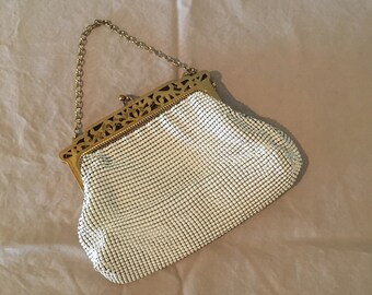 Vintage Whiting & Davis purse, Alumesh handbag with Kiss clasp, antique white mesh bag