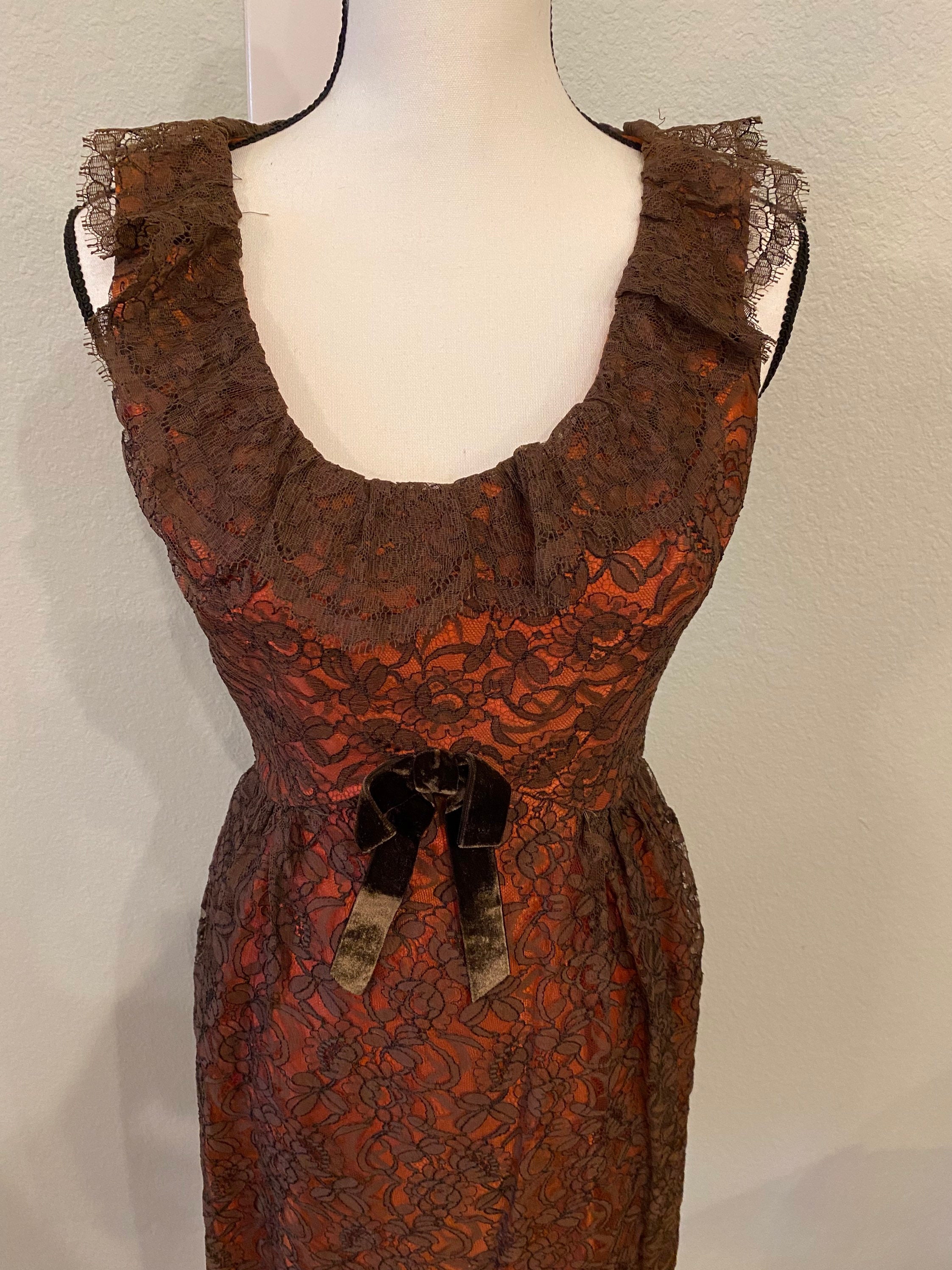 Vintage Sears Lace Party Dress, 60s Bronze Evening Dress, Velvet Bow - Etsy