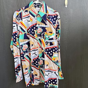 Vintage Mens By Martini Disco Shirt, 70s polyester travel novelty button down shirt, Size L “By Martini” top