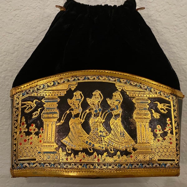 Vintage box purse, reticule bag, ornate black and gold small bag, unique reticule purse