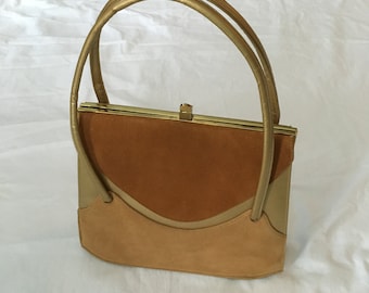 Bolso vintage Lennox de ante dorado, estilo años 60, con asa superior